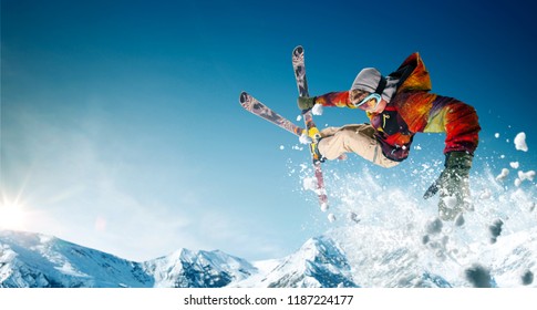 Skiing. Jumping Skier. Extreme Winter Sports.