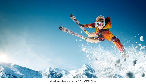 Катание на лыжах. Прыжки лыжника. Экстремальные зимние виды спорта.