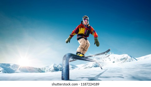 Skiing. Jumping Skier. Extreme Winter Sports.