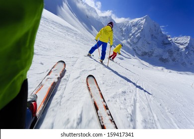 Skiing, Skiers On Ski Run - Child Skiing Downhill, Ski Lesson