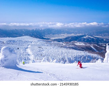 Skiing in a snow monsters (soft rime) plateau (Zao, Yamagata, Japan)