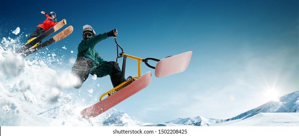 Skiing. Snow Scoot. Snowboarding.  Extreme Winter Sports.