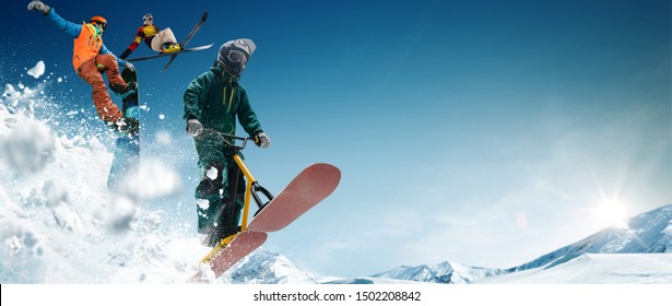 Skiing. Snow scoot. Snowboarding.  Extreme winter sports.