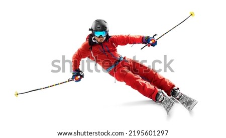 Skiing sport. Front view. In action. Sportsman in a red ski suit. Isolated