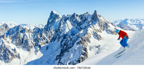 Skiing Vallee Blanche Chamonix With Amazing Panorama Of Grandes Jorasses And Dent Du Geant From Aiguille Du Midi, Mont Blanc Mountain, Haute-Savoie, France