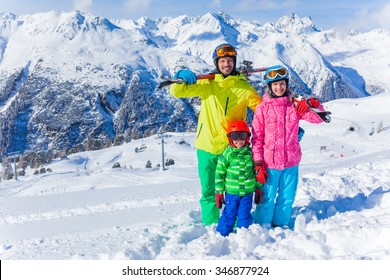 Skiing, Winter Fun - Happy Family On Ski Holiday