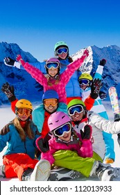 Skiing, Winter Fun - Happy Skiers, Family  Team