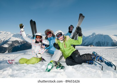 Skiing, Winter - Portrait Of Happy Family On Ski Holiday