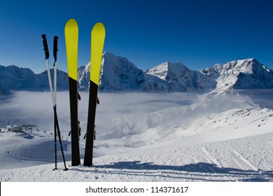 Skiing, Winter Season , Mountains And Ski Equipment In The Snow