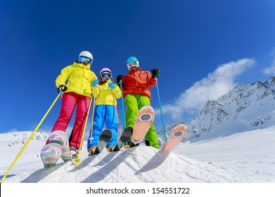 Skiing, Winter, Snow, Skiers, Sun And Fun - Family Enjoying Winter Vacations