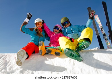 Skiing, Winter, Snow, Sun And Fun - Family Enjoying Winter Vacations