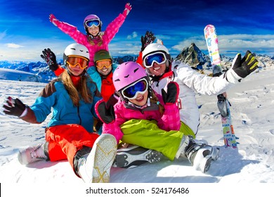 Skiing, Winter, Snow, Sun And Fun - Family Enjoying Winter Vacations