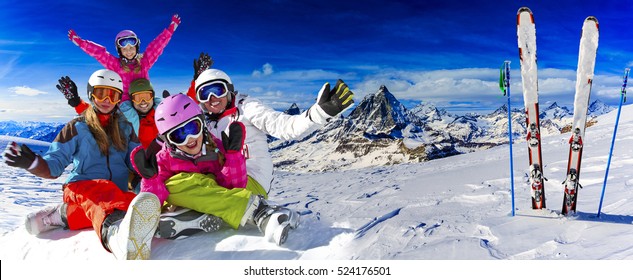 Skiing, Winter, Snow, Sun And Fun - Family Enjoying Winter Vacations