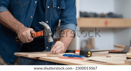 Skill carpenter use hammer hit nail on lumber wood plank. Woodworker repair furniture with manual equipment tool in carpentry workshop. Joiner working on construction or renovation woodworking. Foto d'archivio © 