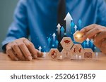 Skill development concept. Up new ability skill training for technology evolution. Leadership thinking upskill competency. Hand hold wooden cube, soft skill digital icon. Education learning talent 