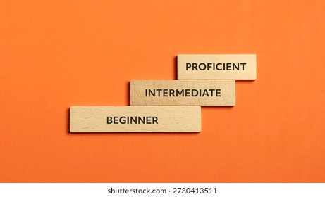 Skill level assessment and learning stages with wooden blocks for beginner intermediate and proficient status