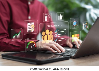 Skill performance of human resources concept, Businesswoman management for Employee skills, Work development and business target, Improving work efficiency and developing the organisation sustainably