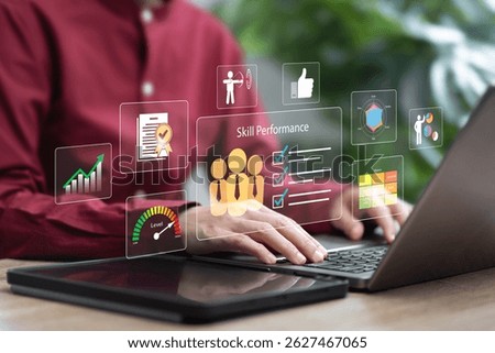 Skill performance of human resources concept, Businesswoman management for Employee skills, Work development and business target, Improving work efficiency and developing the organisation sustainably