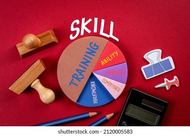 SKILL. Strategy Concept. Analysis And Planning, Office Items On A Red Background.