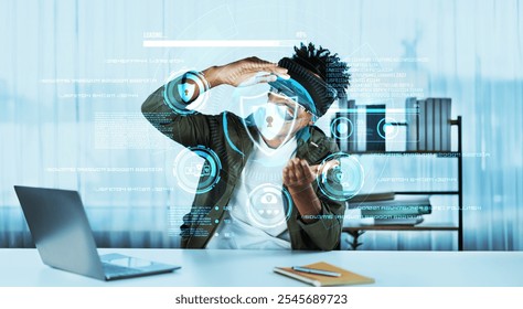 Skilled african man looking at personal data while wearing VR glasses. Person with casual shirt checking and analyzing security protection and accessing firewall protection. Technology. Ingenuity. - Powered by Shutterstock