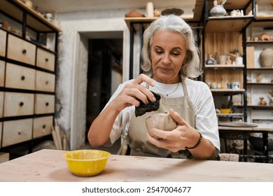 A skilled artisan shapes clay carefully, immersed in her pottery craft, surrounded by art tools. - Powered by Shutterstock