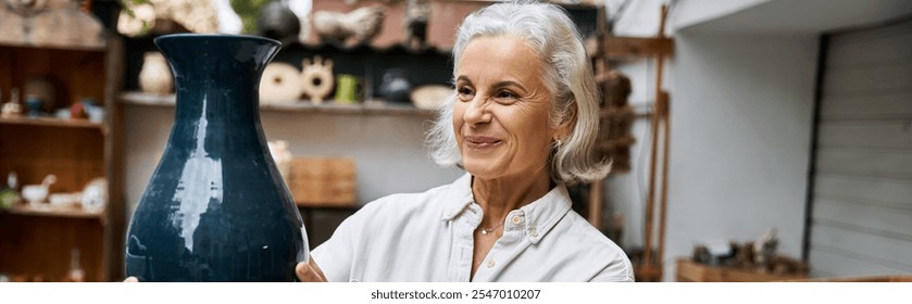 A skilled artisan smiles with pride while holding a stunning piece of pottery in her workshop. - Powered by Shutterstock