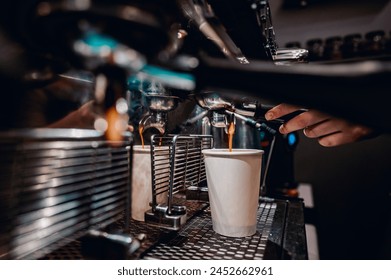 Skilled barista operating an espresso machine, filling a white cup with fresh coffee in a cozy café ambiance - Powered by Shutterstock