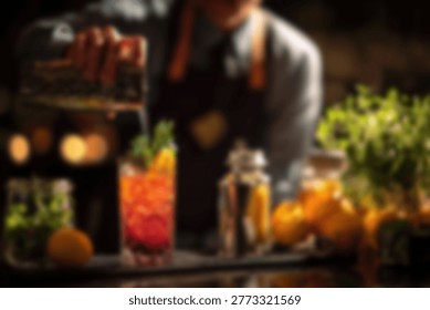 A skilled bartender is captured in the process of crafting a colorful drink, surrounded by fresh ingredients and essential bar equipment.