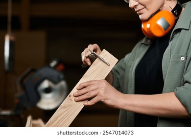 A skilled carpenter carefully measures wood in her workshop, embodying craftsmanship and dedication. - Powered by Shutterstock