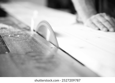 Skilled carpenter cutting wood plank with circular saw in cozy workshop, sawdust flying, showcasing woodworking expertise. Woodshop interior provides backdrop for intricate process. - black n white -  - Powered by Shutterstock