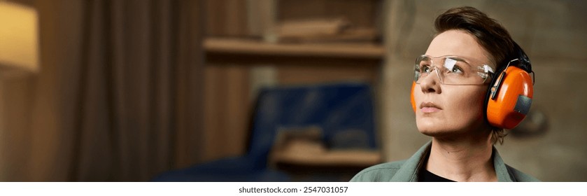 A skilled carpenter thoughtfully evaluates her woodworking project while wearing safety gear in the workshop. - Powered by Shutterstock