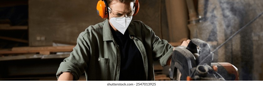 A skilled carpenter works diligently, wearing safety gear while crafting wood in a vibrant workshop environment. - Powered by Shutterstock