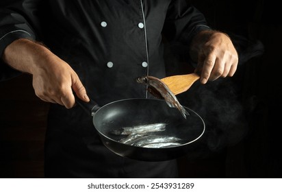 A skilled chef expertly flips fresh fish in a hot skillet, showcasing culinary techniques in a stylish kitchen. The steam and action create a vibrant cooking atmosphere. - Powered by Shutterstock