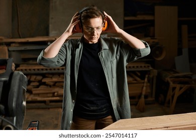 A skilled female carpenter puts on protective gear, ready to craft wood in a vibrant workshop full of tools. - Powered by Shutterstock