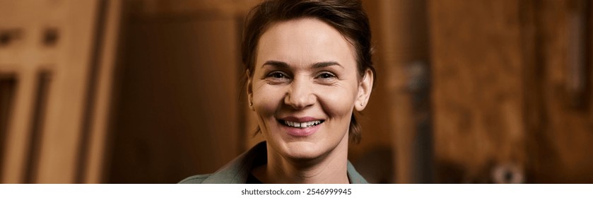 A skilled female carpenter smiles in her workshop, showcasing true craftsmanship. - Powered by Shutterstock