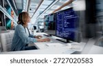 Skilled Female Software Developer Leading Coding Team In Modern Office.