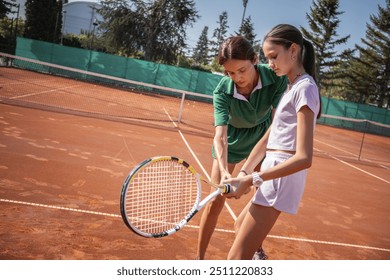 A skilled female tennis player passionately shares her expertise with a novice young girl, guiding and teaching her techniques on the tennis court.	 - Powered by Shutterstock