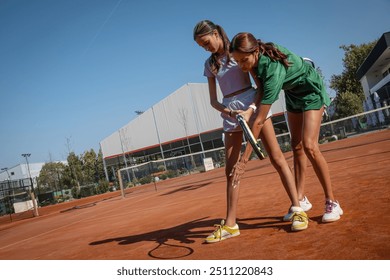 A skilled female tennis player passionately shares her expertise with a novice young girl, guiding and teaching her techniques on the tennis court.	 - Powered by Shutterstock