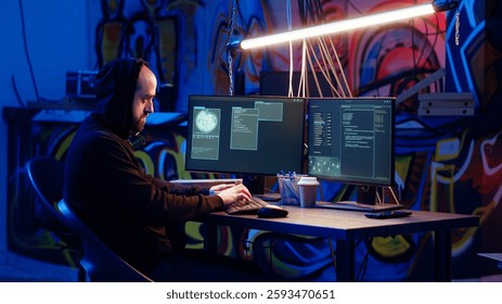 Skilled hacker deploying malware on unaware victims computers, stealing sensitive and private information, selling on darknet to highest bidder, looking at computer screen in hideout, camera B