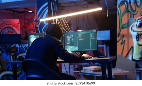 Skilled hacker deploying malware on unaware victims computers, stealing sensitive and private information, selling on darknet to highest bidder, looking at computer screen in hideout, camera A