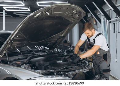 A skilled mechanic inspects a car engine in an auto repair shop, showcasing expertise and precision. Essential tools and equipment are visible in the background. - Powered by Shutterstock