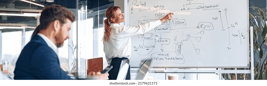 Skilled Smiling Female Leader Coaching Interested Business People, Giving Presentation In Office.