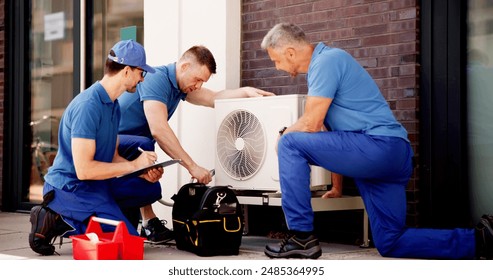 Skilled technician maintaining HVAC systems in commercial buildings. Electrician ensuring safety of electrical systems in large structures. Business professionals at work. - Powered by Shutterstock