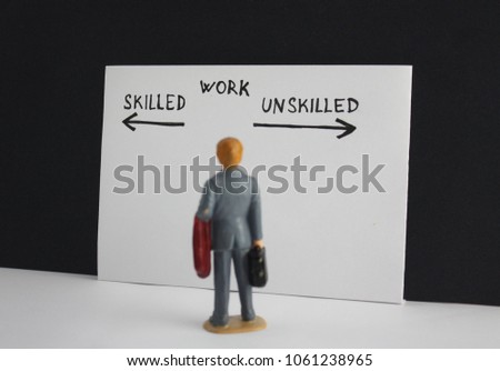 Skilled or unskilled work decision choice options. Little miniature figure manthinking about future job.