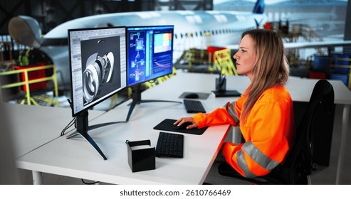 Skilled Woman Using 3D Software To Repair Aircraft On Screen.