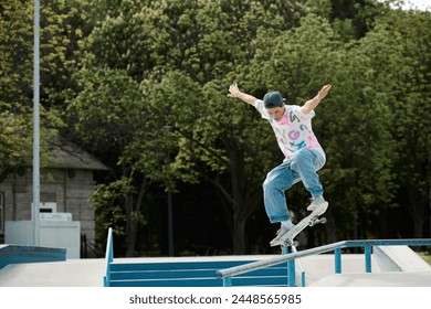 A skilled young skater boy fearlessly rides his skateboard down the side of a rail in an outdoor skate park on a sunny summer day. - Powered by Shutterstock