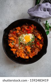 Skillet Baked Sweet Potato Breakfast Hash With Fried Egg, Top View