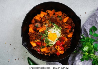 Skillet Baked Sweet Potato Breakfast Hash With Fried Egg, Top View