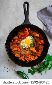 Skillet Baked Sweet Potato Breakfast Hash With Fried Egg, Top View