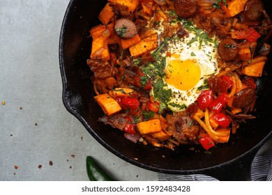 Skillet Baked Sweet Potato Breakfast Hash With Fried Egg, Top View